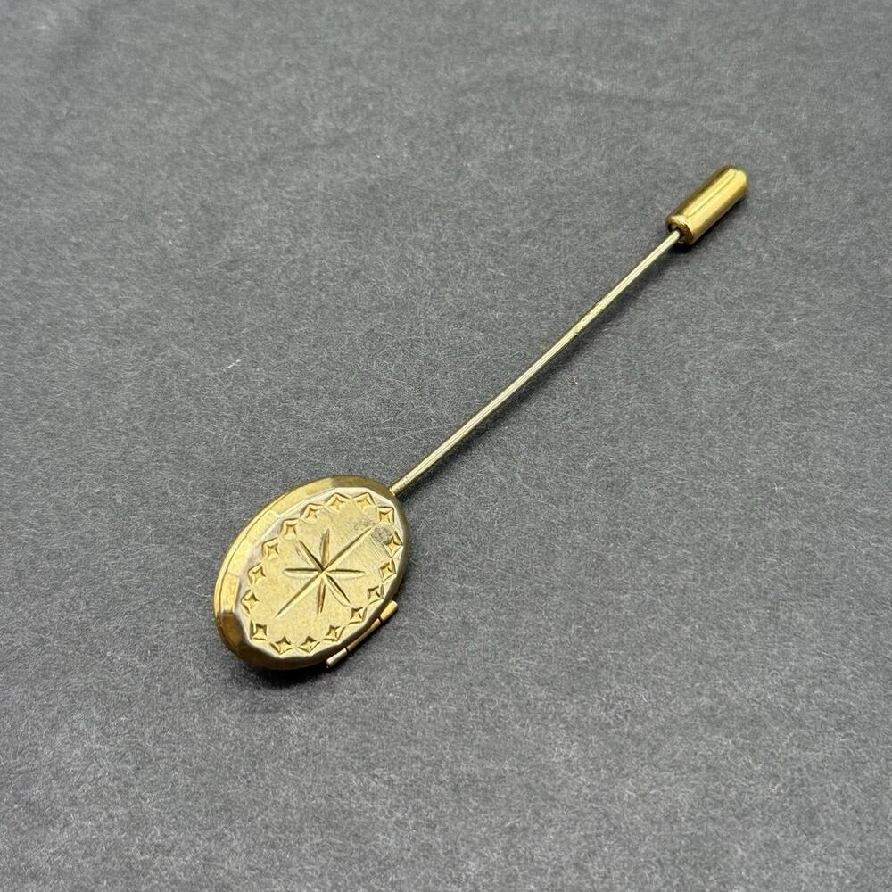 Vintage Gold Tone Oval Locket Stick Pin Etched Starburst Celestial Lapel Hat Pin - Picture 2 of 8